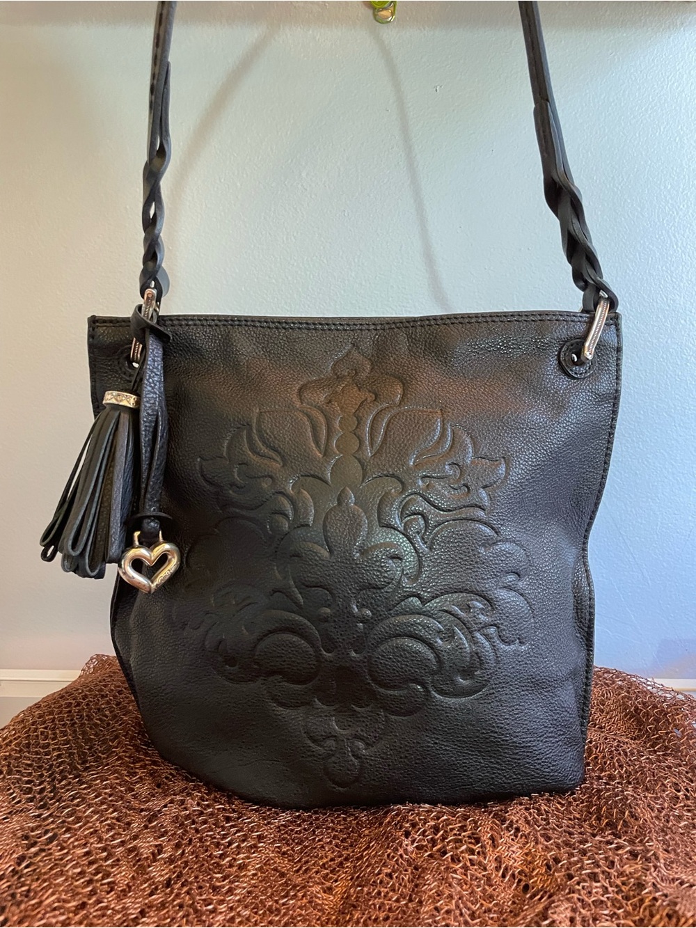 Brighton Black Embossed Leather Shoulder Bag with Tassel and Heart Charm